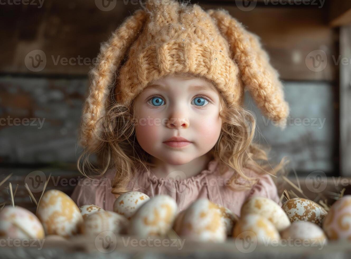 AI generated Little girl is looking at the camera with blue eyes and hat on her head and in front of her are many Easter eggs. photo
