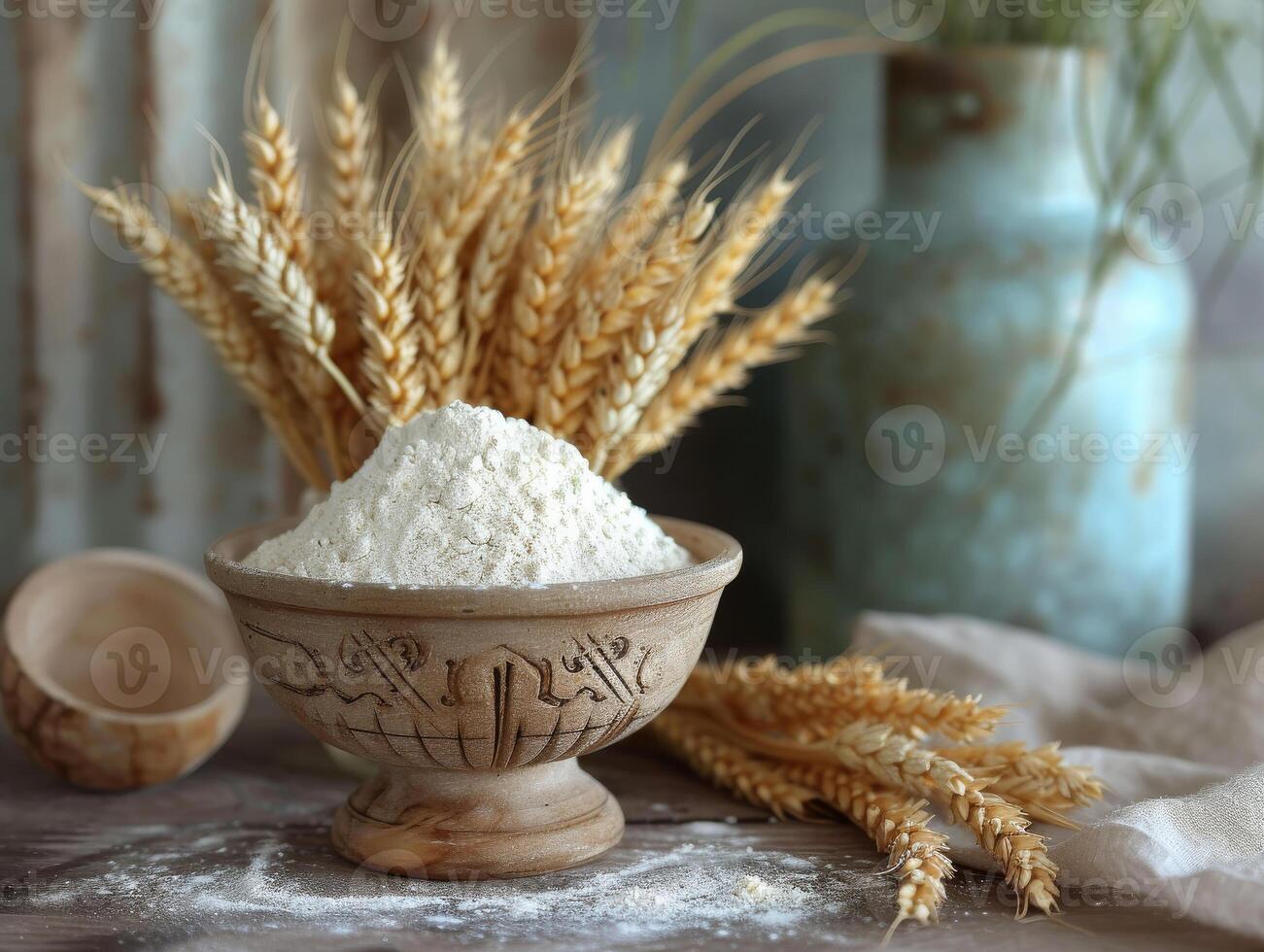 AI generated Flour in bowl and wheat ears on wooden table photo