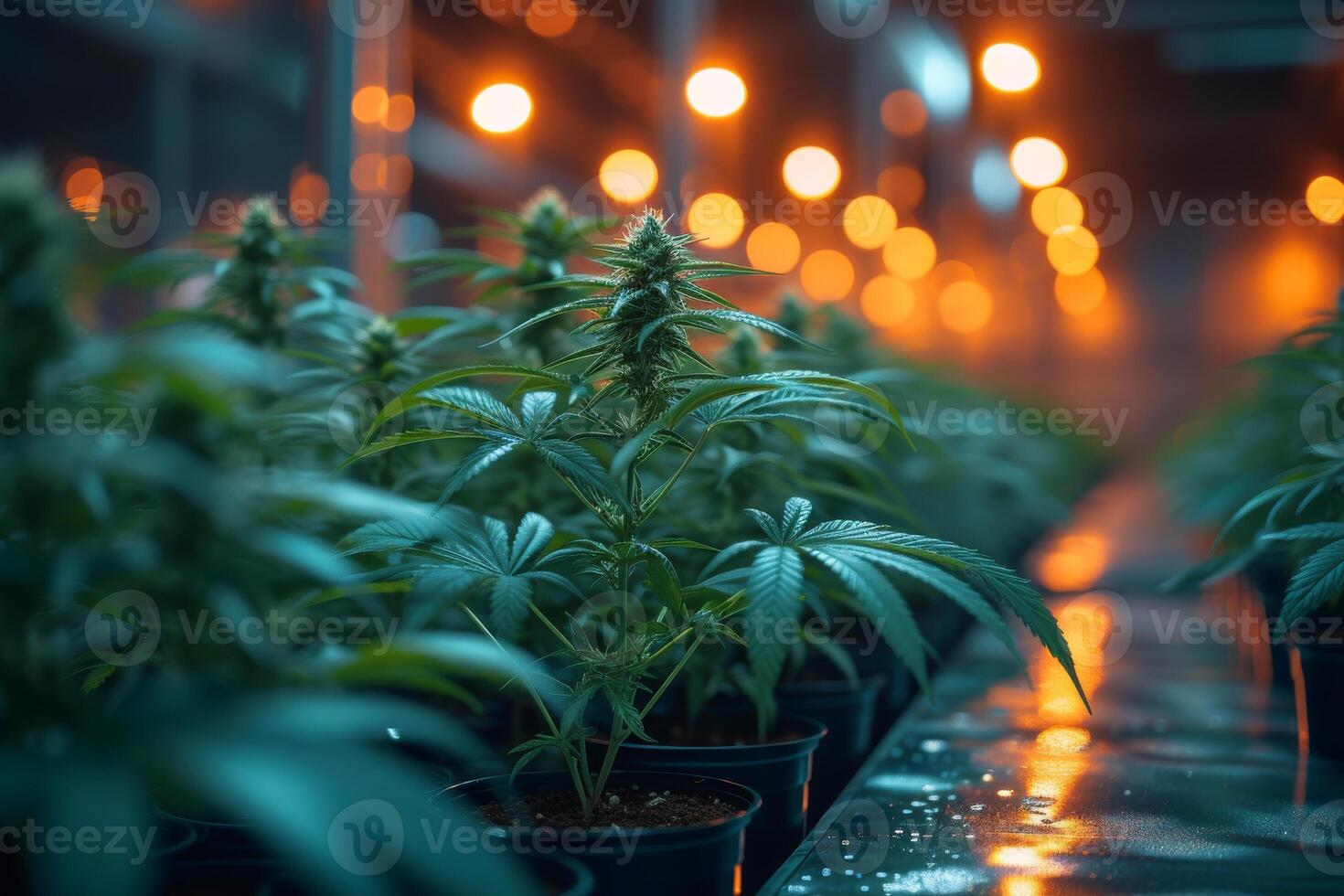 AI generated Indoor Marijuana plants growing under special lighting in grow room photo