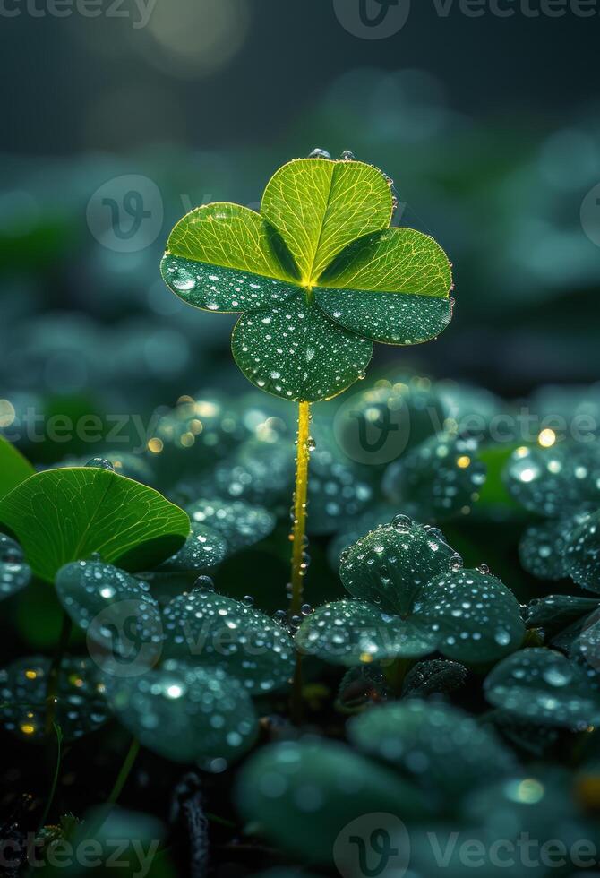 AI generated Green four leaf clover with dew on it photo