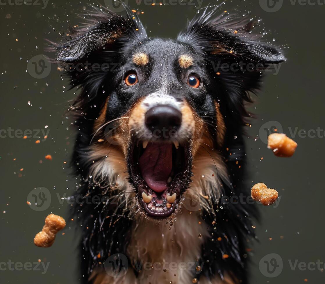 ai generado perro es saltando y atrapando alimento. un perro tiene sus boca abierto y es masticación en un hueso foto