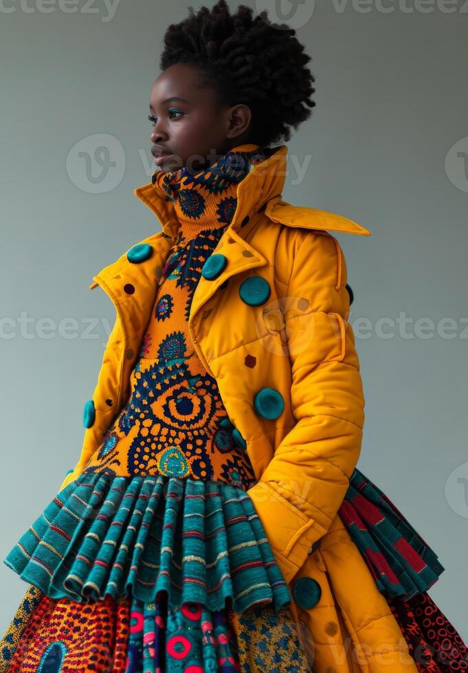 ai generado modelo usa amarillo Saco y multicolor falda con circular patrones. foto