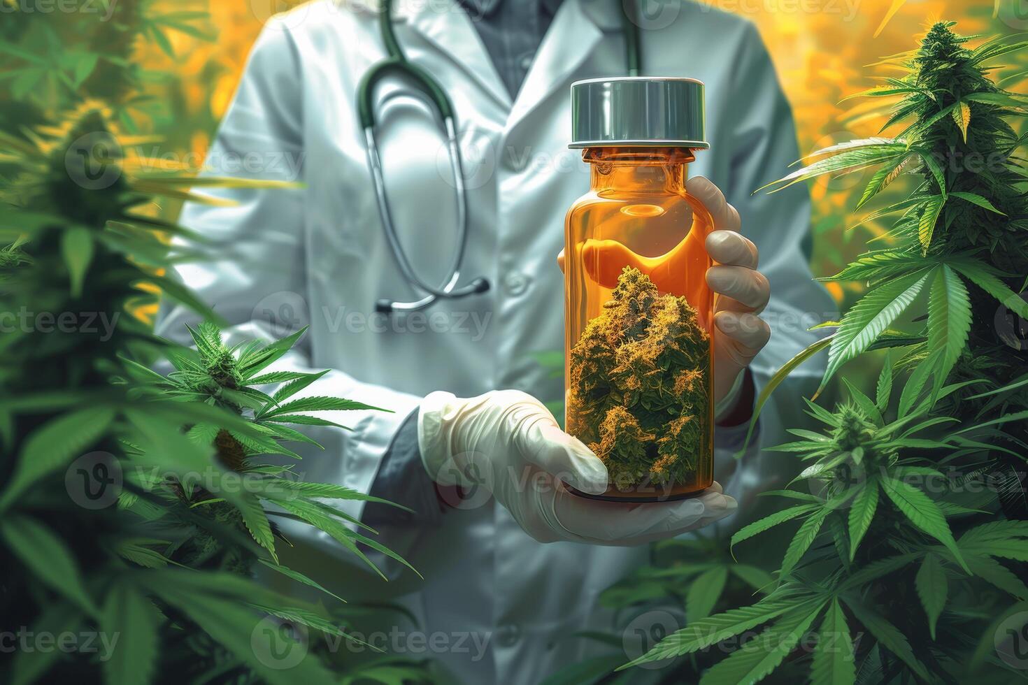 AI generated A doctor holding a bottle of cannabis oil photo