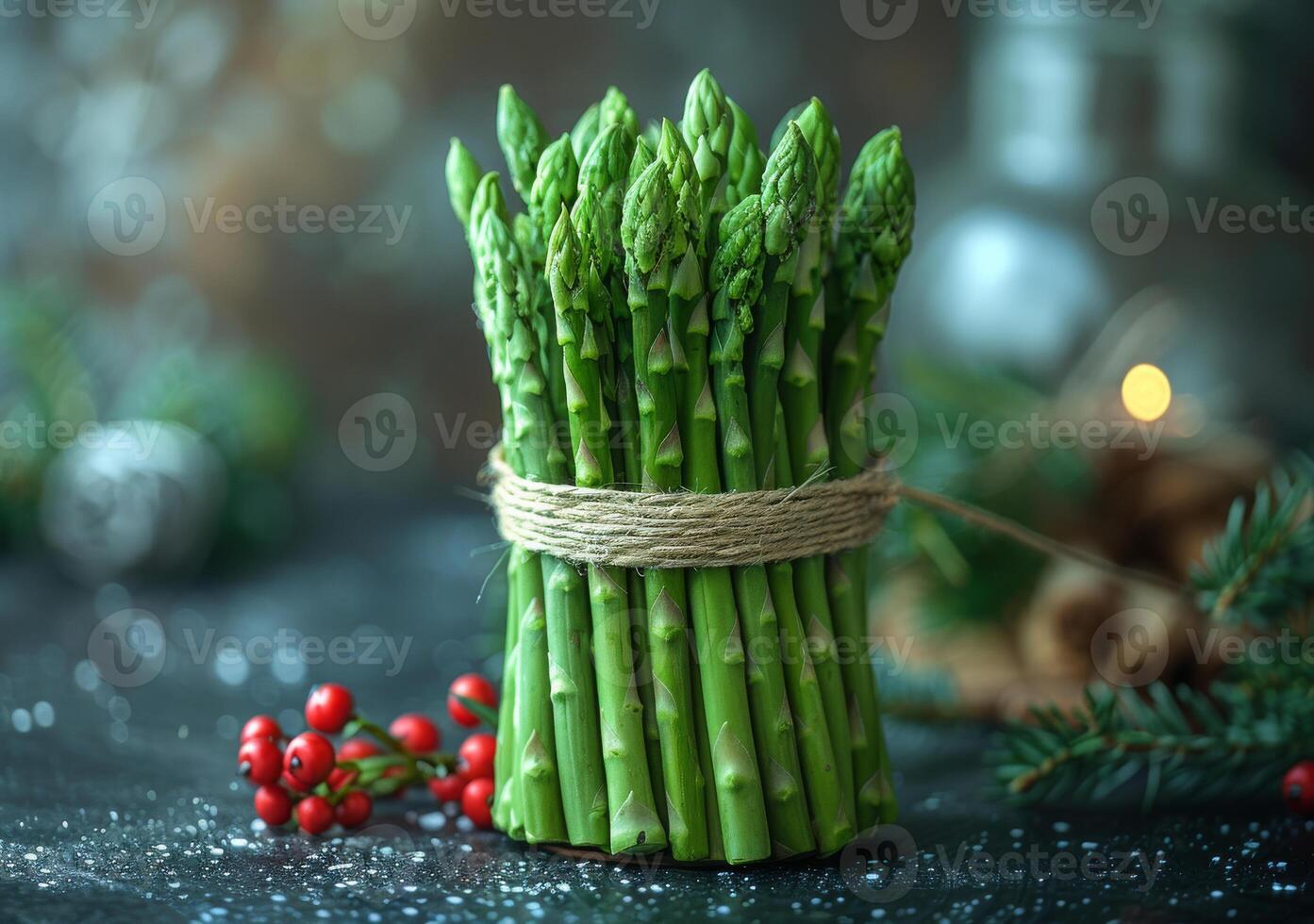 AI generated Asparagus tied with rope on dark background with Christmas decorations photo