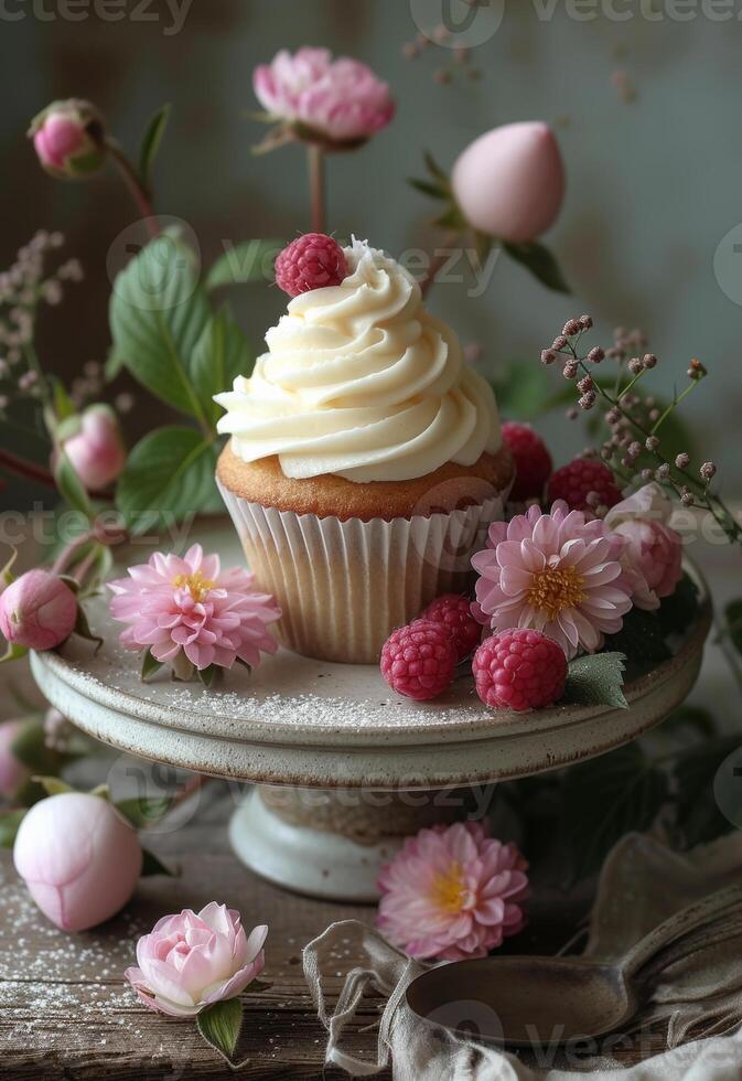 AI generated Cupcake with raspberry and flowers on cake stand photo