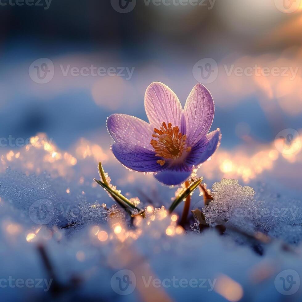 AI generated First flowers in spring. First flowers in springtime grow in the snow photo