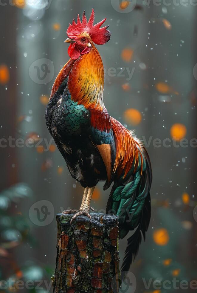 AI generated Rooster standing on stump in the forest photo