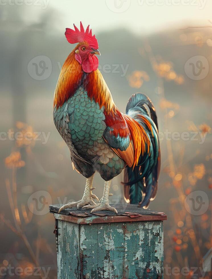 ai generado gallo en pie en tocón en el Mañana ligero foto