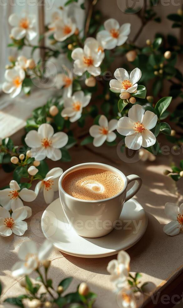 AI generated Cup of coffee with heart in the foam stands on table near window with jasmine flowers photo