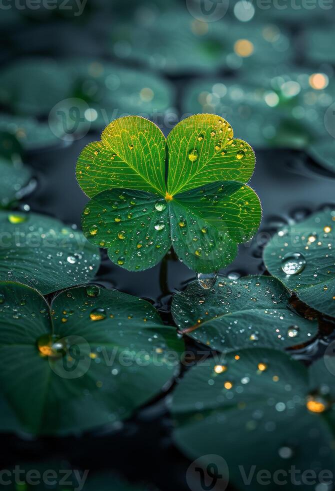 AI generated Green four leaf clover with dew on it photo