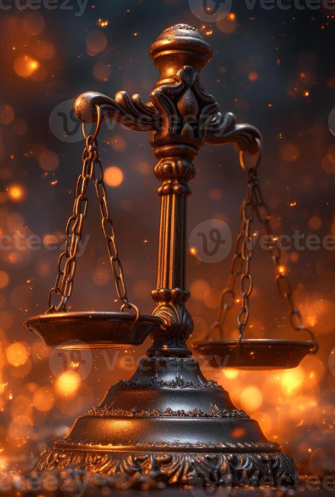 AI generated Law theme. Mallet of the judge scales of justice on dark background. photo