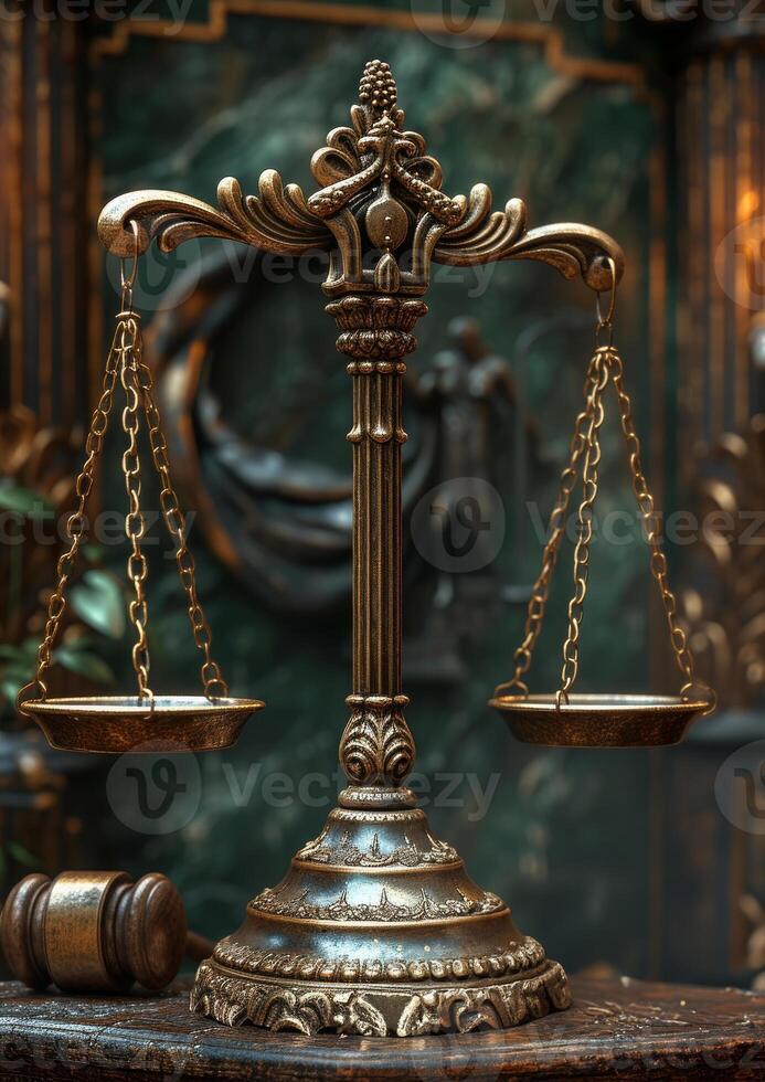 AI generated Scales of justice. An image of a justice and a gavel photo