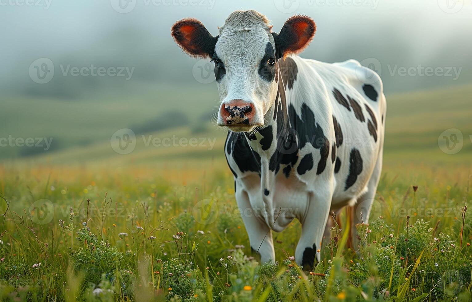 AI generated Cow standing in field. Cow grazing on a green grassy field photo