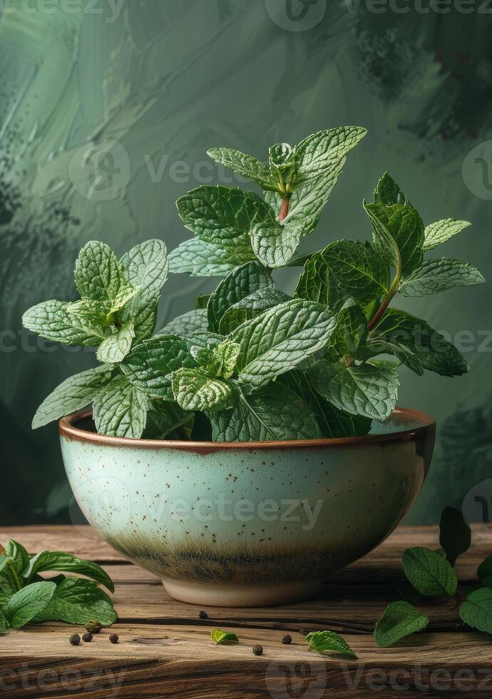 AI generated Fresh mint in bowl on wooden table photo