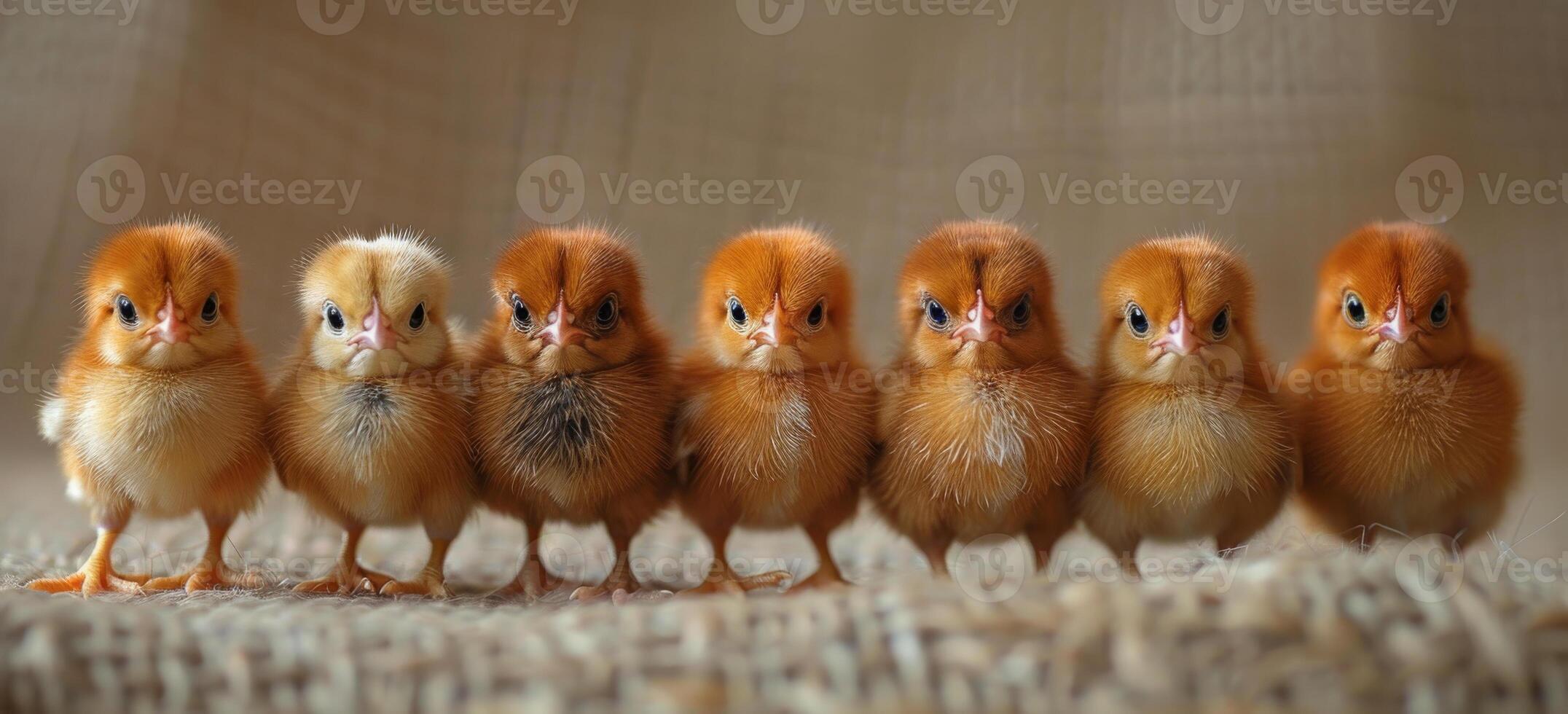 AI generated Row of baby chicks. A small line of small chickens photo