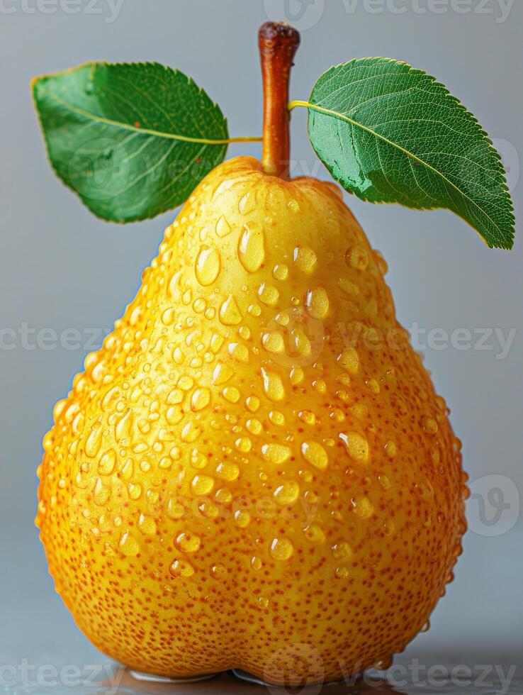 AI generated Pear with drops of water on gray background photo