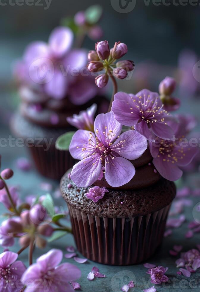 AI generated Cherry blossom cupcakes on rustic background photo