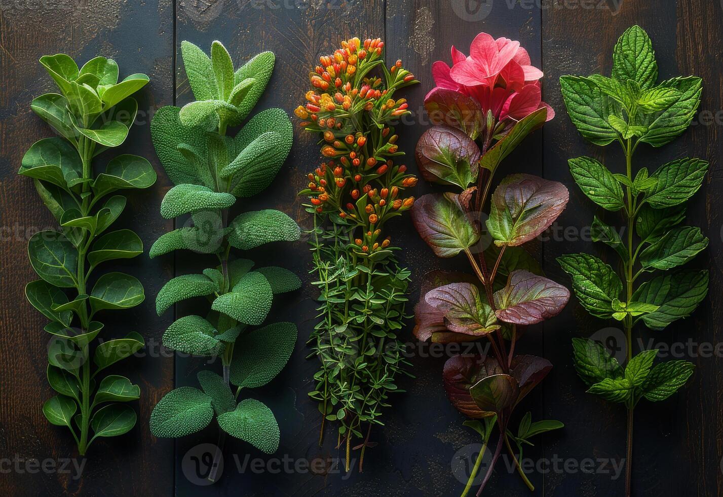 AI generated Fresh herbs and spices on dark wooden background photo