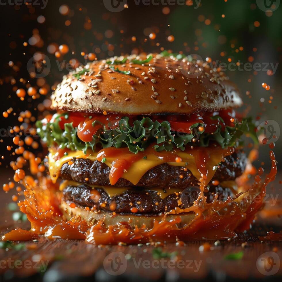 AI generated Delicious fresh burger with lettuce cheese tomato and sauce on dark background photo