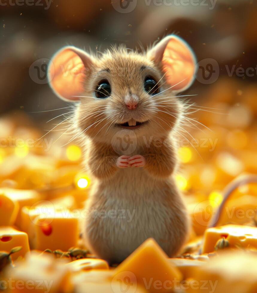 AI generated Cute little mouse and cheese in the garden photo