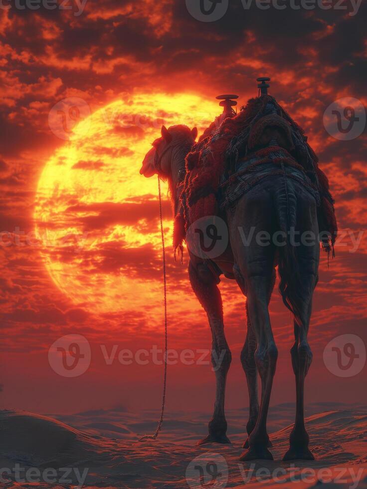 AI generated Camel and the red sunset. Big beautiful camel in the desert photo