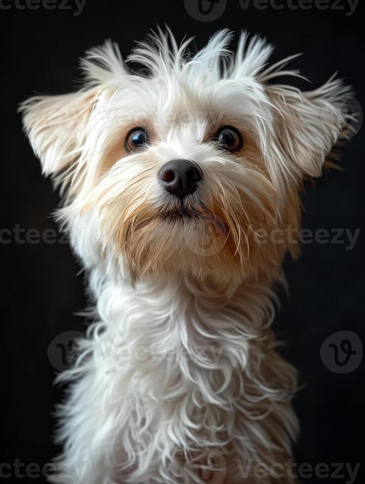 AI generated Cute white dog looks up with sad face. White haired dog standing on black background photo