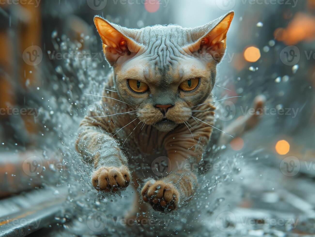 ai generado sphynx gato corriendo en el mojado calle foto