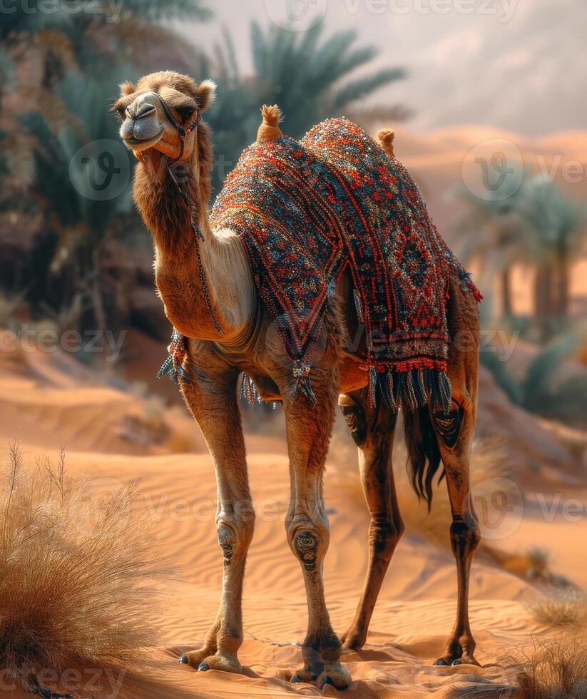 AI generated Camel standing in front of the palms in the desert. photo