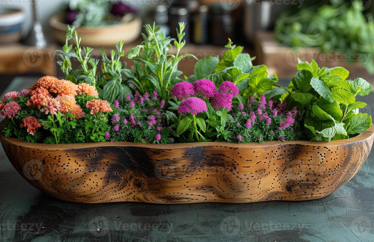 AI generated Wooden bowl is filled with colorful flowers and herbs photo