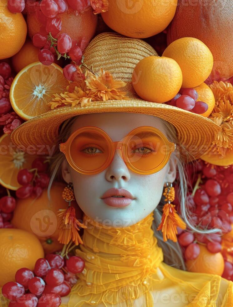 AI generated Woman is surrounded by fruit and wearing straw hat and orange sunglasses. photo
