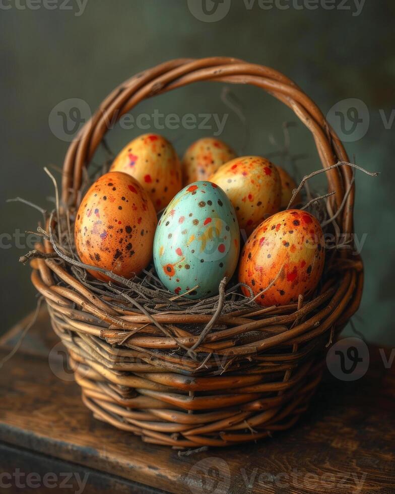 AI generated Easter eggs in basket. Painted easter eggs nestled in a basket on a wooden table photo
