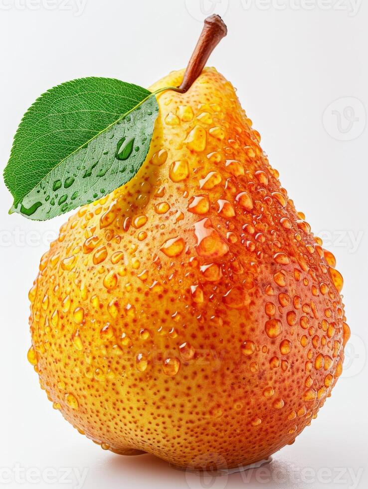AI generated Pear with drops of water on white background photo