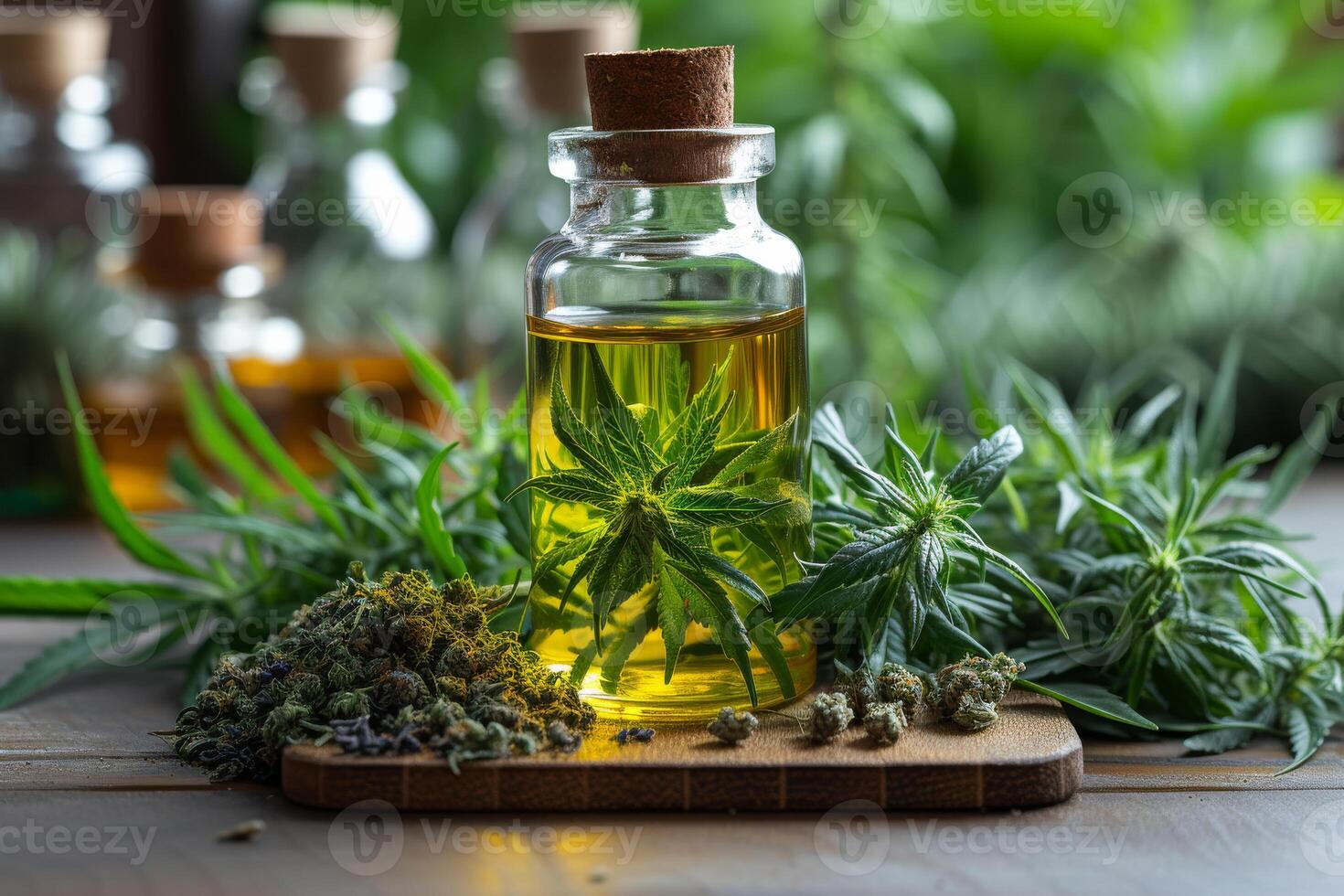 AI generated Bottle of hemp oil with cannabis leaves photo