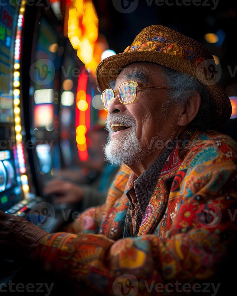 AI generated Senior man is playing slot machine at casino. photo