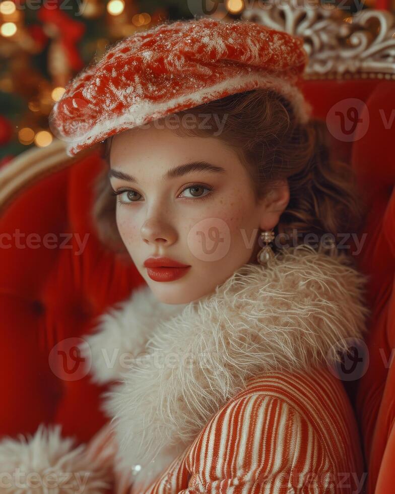 AI generated Beautiful young girl with gentle make-up and beret sits in chair by the Christmas tree. photo