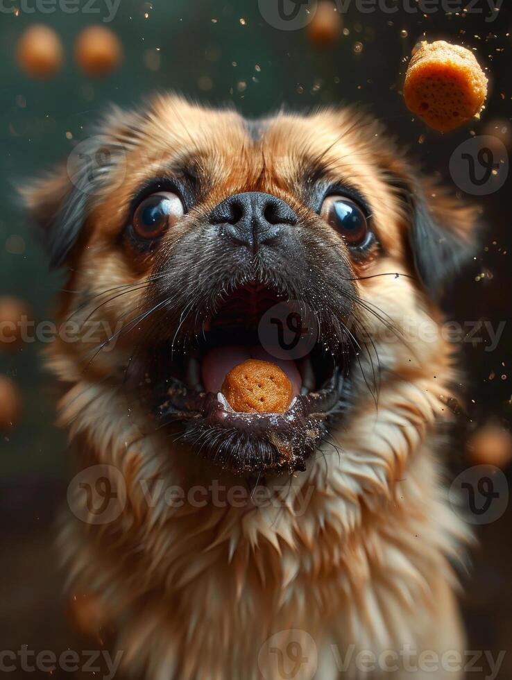 AI generated Funny pug dog catching cookie in the air photo