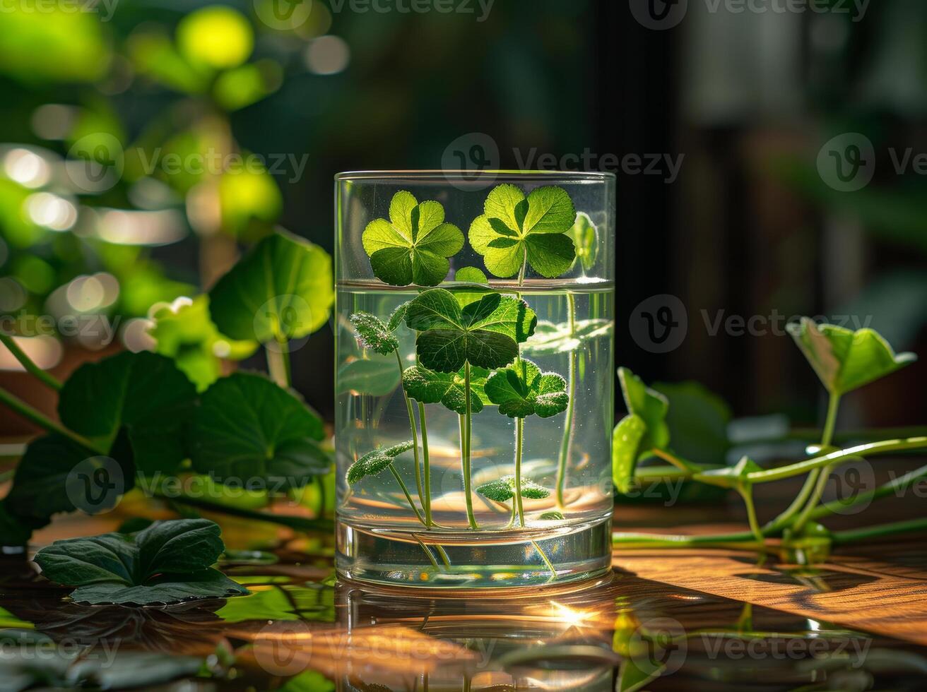 ai generado vaso de agua con verde hojas foto