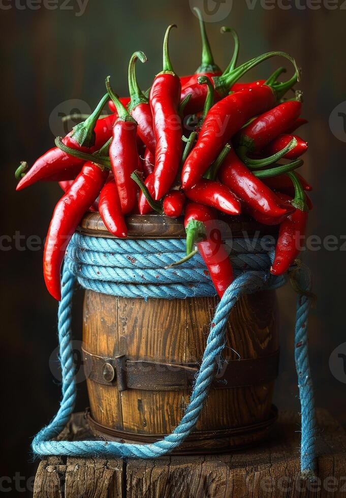 AI generated Red hot chili peppers in old wooden bucket photo