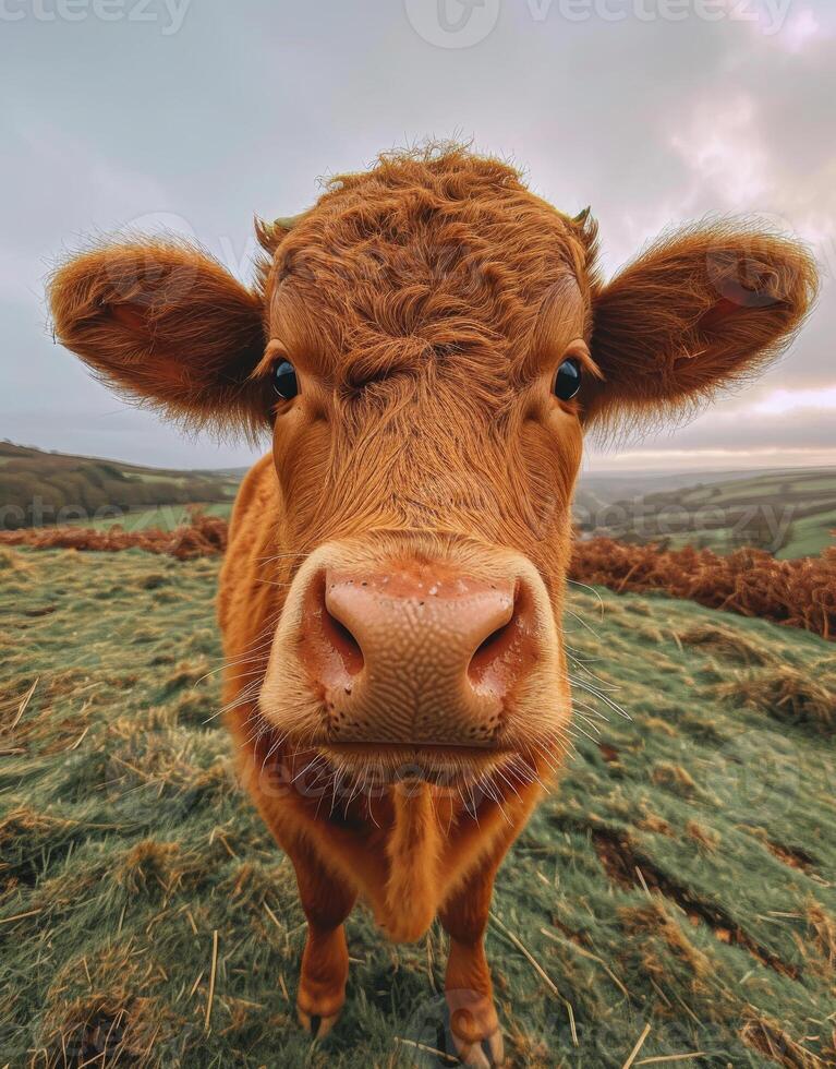 AI generated Brown cow looks directly into the camera lens photo