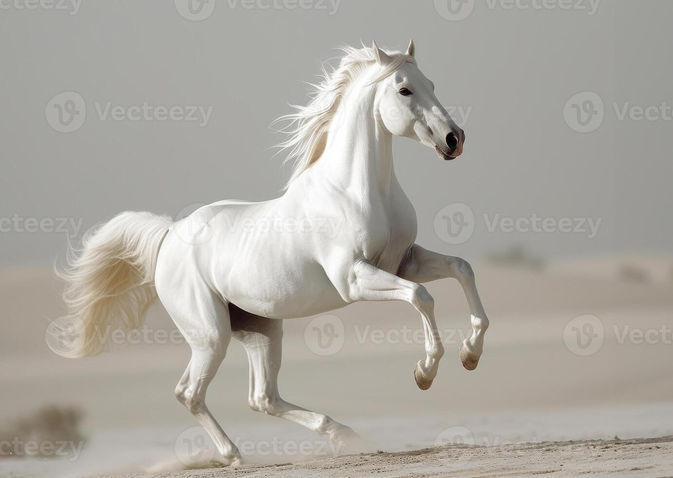 AI generated White Arab stallion galloping in the desert photo