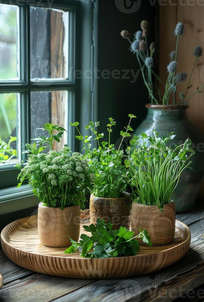 AI generated Fresh herbs in pots on the window photo