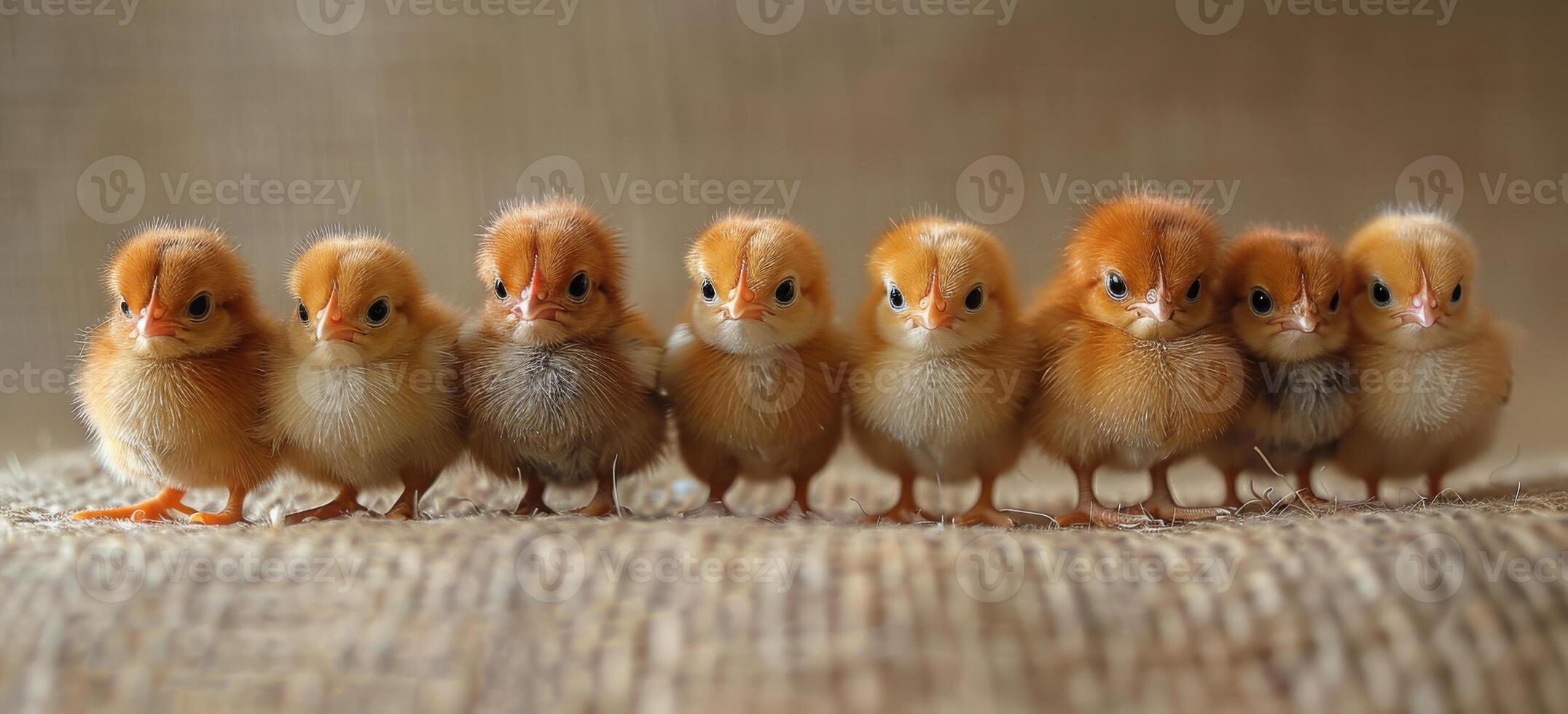 ai generado el amarillo pequeño pollos son en pie en fila foto