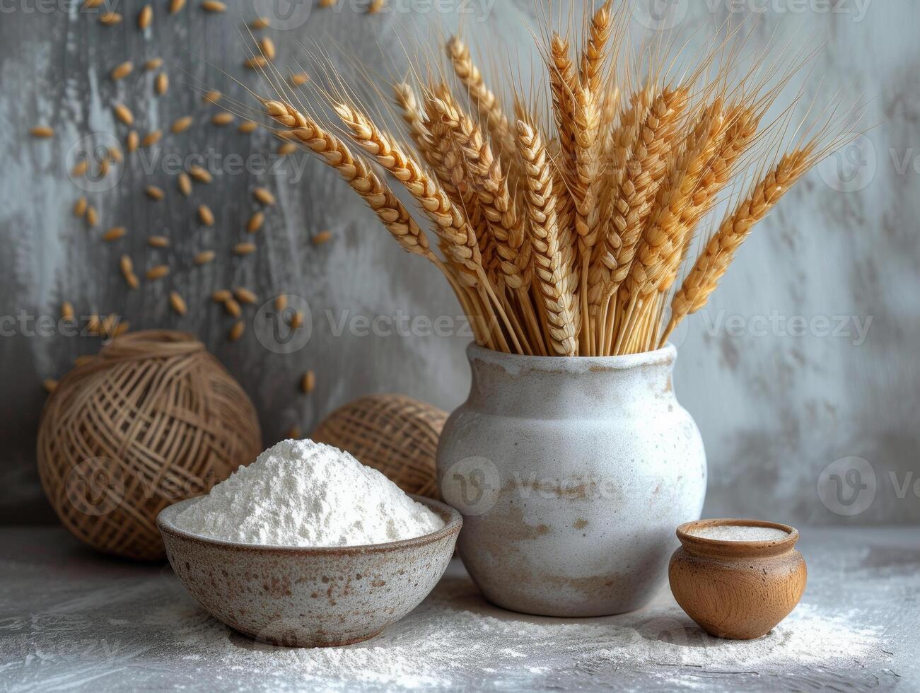 AI generated Flour in bowl wheat ears and wheat in vase on gray background photo