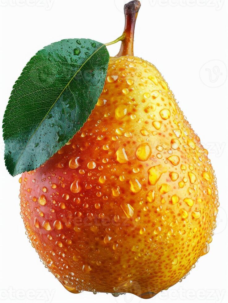 AI generated Pear and leaf with water droplets photo