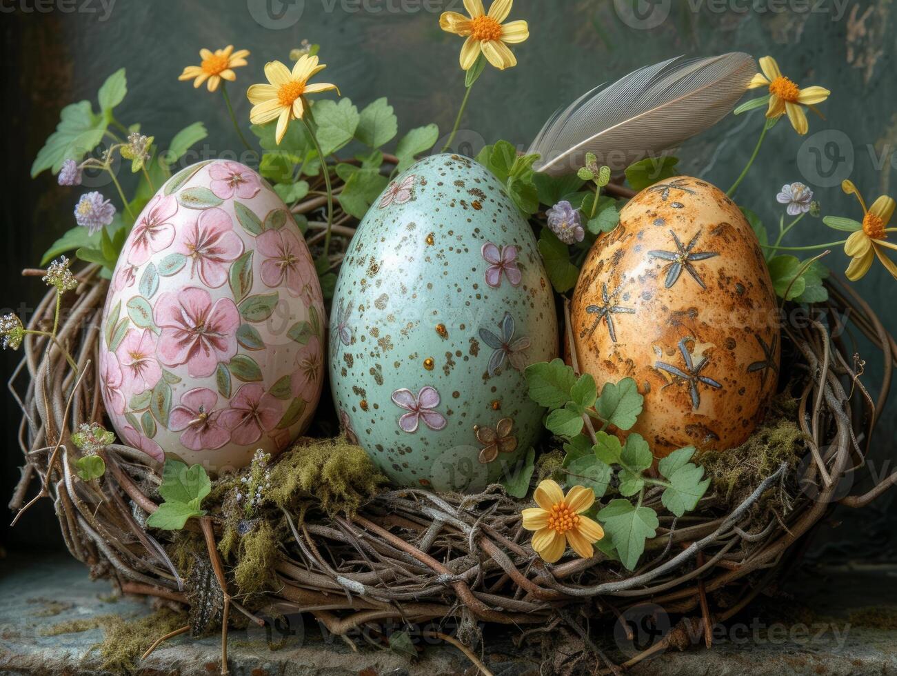 AI generated Three easter eggs in nest with flowers and feathers photo