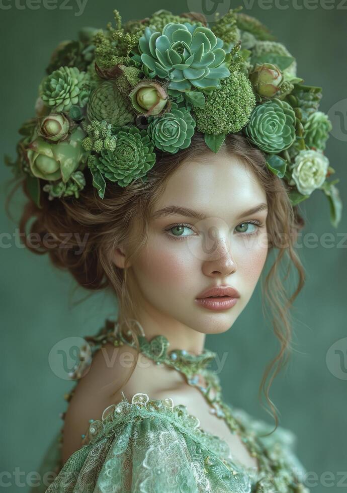 AI generated Portrait of gentle lady young woman with wreath of succulents and green plants on her head wreath from succulents. photo