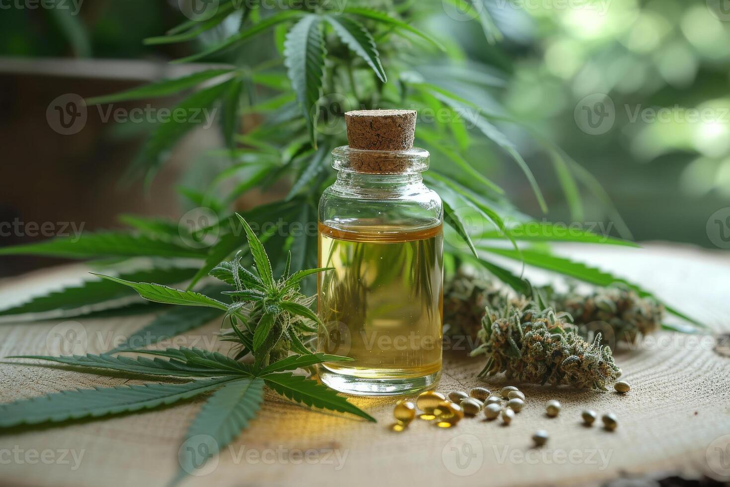 AI generated Bottle of hemp oil with cannabis leaf and buds in the background photo