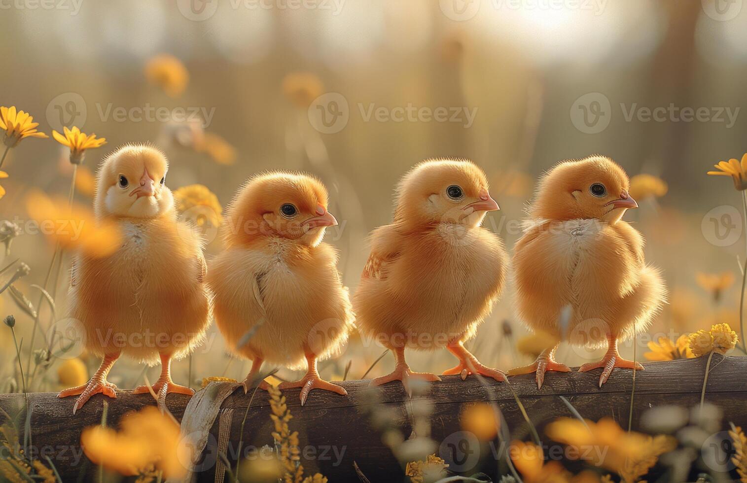 AI generated Four little chicks on the wooden fence in the morning light photo