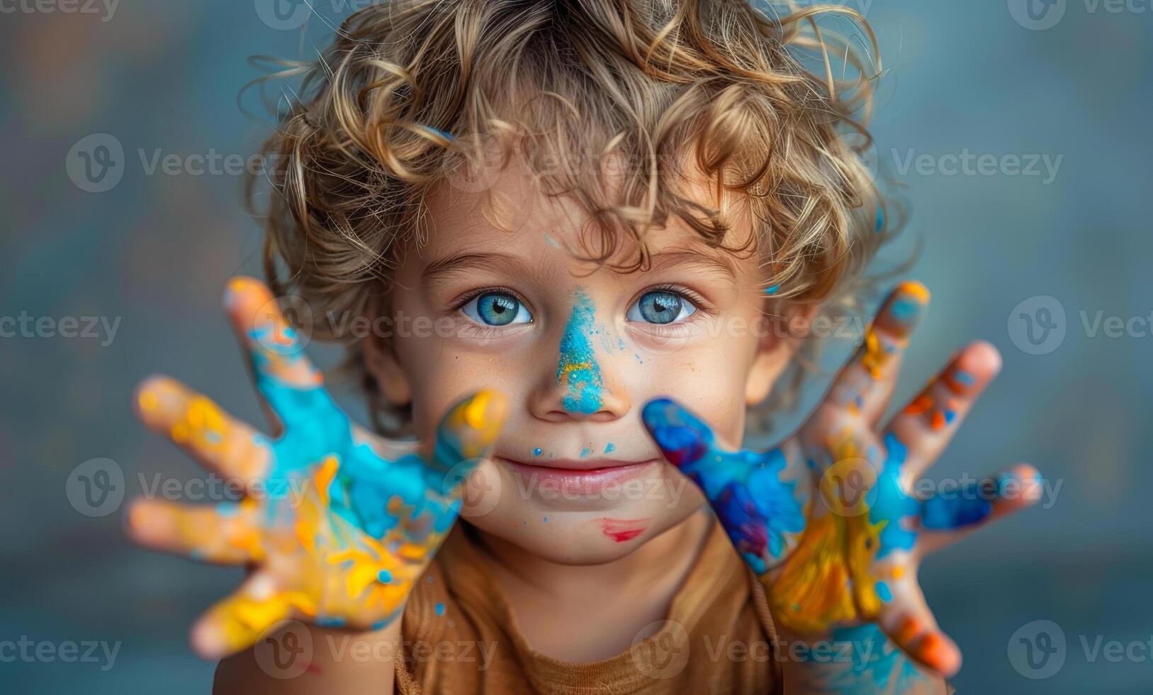AI generated Little baby boy with colorful painted hands. Child with paint on his hands photo