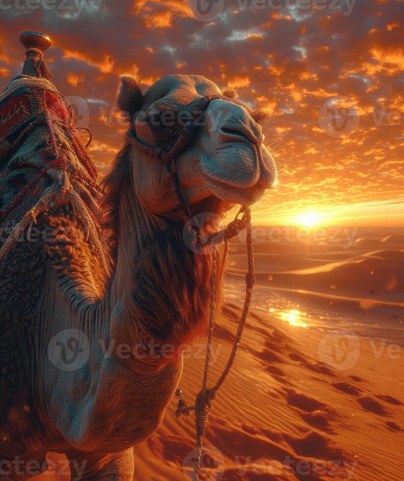 AI generated Camel standing in the desert at sunset photo